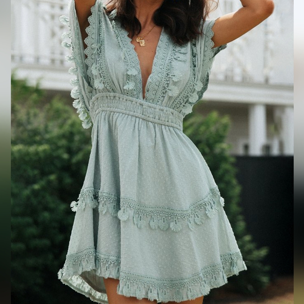Lace Detail Plunge Short Sleeve Mini Dress